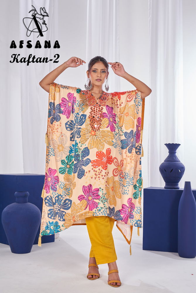 Kaftan 2 By Afsana Satin Digital Printed Kaftan Kurti With Bottom Wholesalers In Surat	